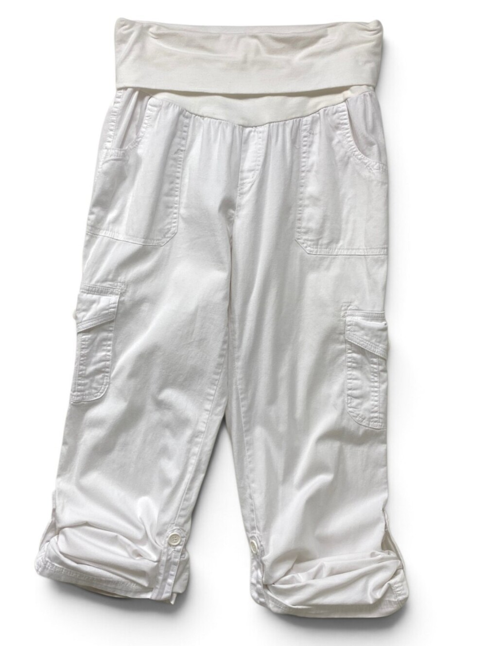 White Maternity Convertible Cargo Capri Pants Cotton Fold Over Belly Utility